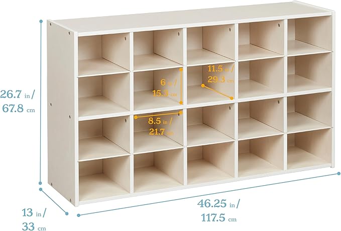 ECR4Kids Streamline 20 Cubby Tray Storage Cabinet, 4x5, Classroom Furniture, White Wash
