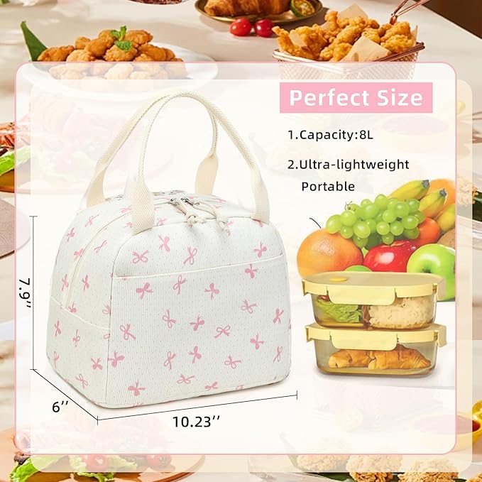 LEDAOU Lunch Box for Women Insulated Lunch Bag Corduroy Lunch Tote Bags Leakproof Cooler Lunch Case for Travel Work Picnic (Pink Bow)
