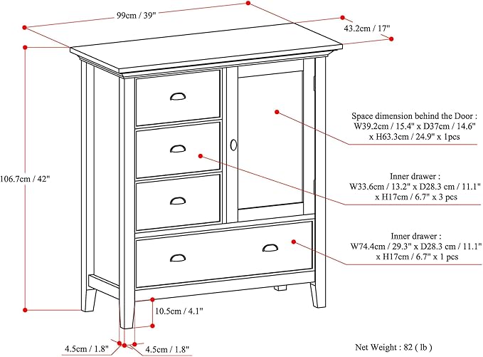 SIMPLIHOME Redmond Storage Cabinet - 39 inch Wide Solid Wood Medium Storage Cabinet in Black, Transitional Accent Cabinet for Entryway or Living Room with 4 Drawers and Cabinet Storage