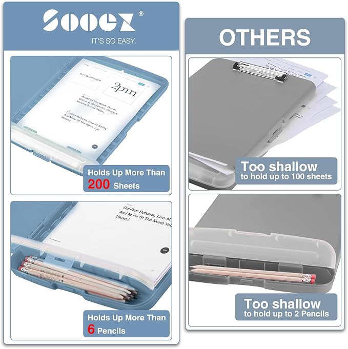 Sooez Clipboard with Storage, Clip Board 8.5 x 11 with Pen Holder, Plastic Organization Case Box for Letter Legal A4 Size Paper, Low Profile Clip, Nurses Teachers Must Haves, School & Office Supplies