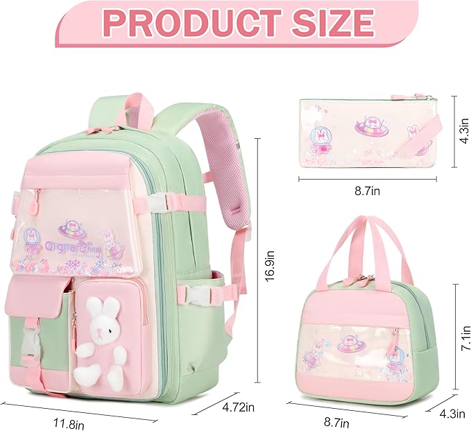 Girls Backpack Set, 3PCS School Backpack for Girls, Kawaii Bunny Kids Backpacks for Girl Kindergarten Elementary School Preschool Travel Daycare Bookbag with Lunch Box Pencil Box Green