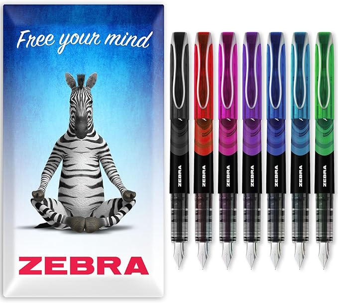 Zebra Fuente Pen - Disposable Fountain Pens - Pack of 7 - Black, Red, Pink, Violet, Blue, Light Blue & Green - In Zebra Cardboard Gift Box
