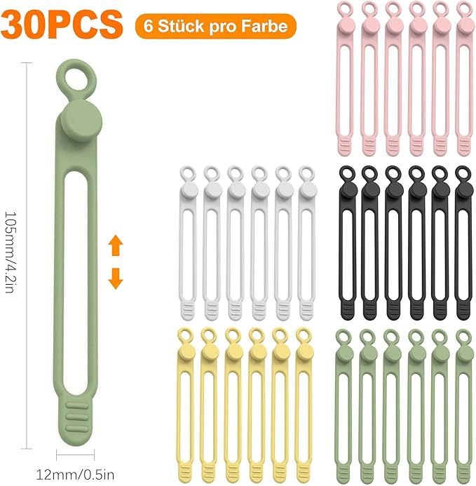 CoguZed 30Pcs Silicone Cable Ties, Reusable Cable Management Organizer, Multipurpose Elastic Cord Organizer for Bundling and Fastening Cables, Wires, Charger, Home, Office, Kitchen, School (5 Colors)