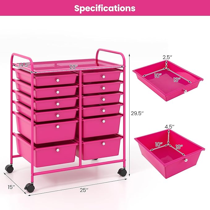 COSTWAY 12-Drawer Rolling Storage Cart, Moveable Art Craft Organizer W/Lockable Wheels, Metal Shelf, Files Arrangement Tools Makeup Storage Cart for Office, Home, School, Hot Pink