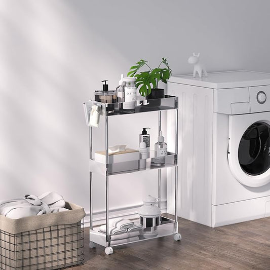 VECELO 3-Tier Acrylic Rolling Cart, Utility Cart for Kitchen Storage, Mobile Shelves Slide-Out Organizers with 2 Lockable Wheels&Hooks for Bathroom Laundry Room Living Room Office, Clear