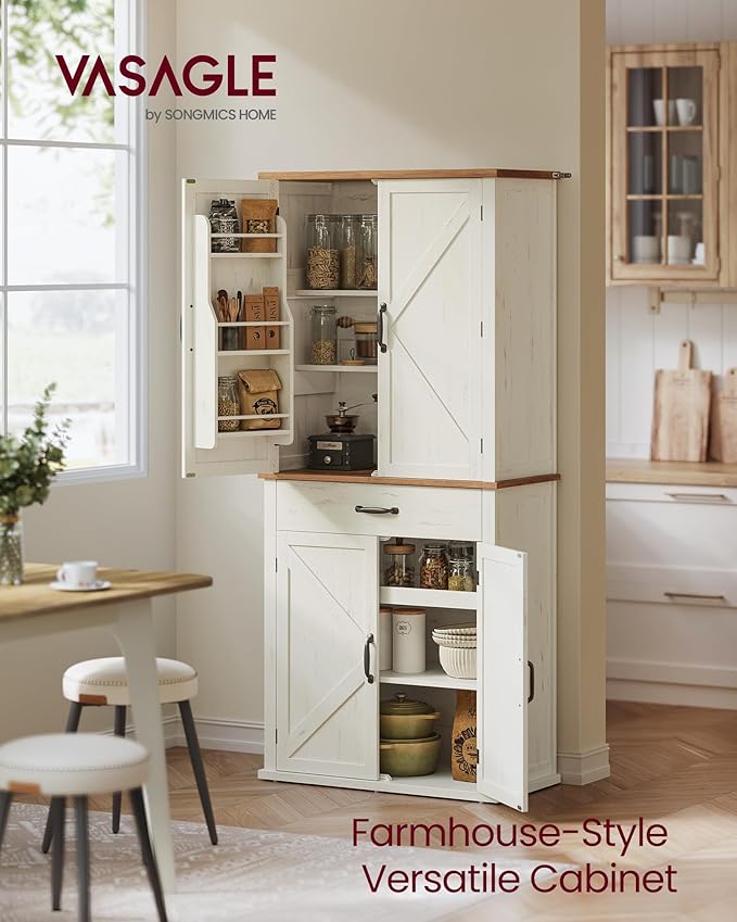 VASAGLE LIRY Collection - Pantry Cabinet, 70.3-Inch Tall Farmhouse Kitchen Storage Cabinet with Barn Doors, Drawer, Tray, Adjustable Shelves, for Kitchen, Dining Room, Rustic White UBBK364W01