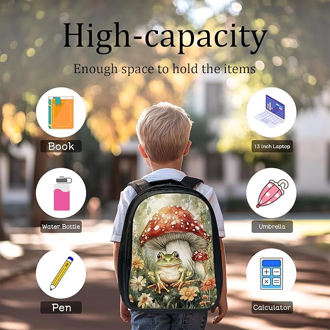 Mushroom Frog Backpack Set 3 Piece School Bags and Lunch Box with Pencil Case Green Cute Frogs Mushrooms Bookbag Set for Toddler Kids Girls Boys Teens Kindergarten Elementary Middle