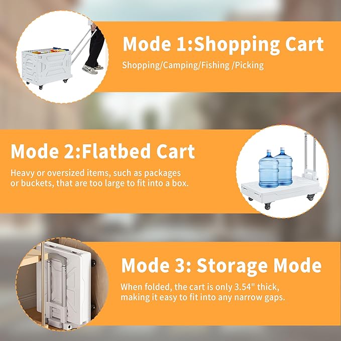 VECELO 23 GAL Large Capacity Foldable Utility Cart with Wheels - Heavy Duty Collapsible Rolling Cart for Shopping, Travel, Office & Home - Portable Luggage Cart with Telescoping Handle, White