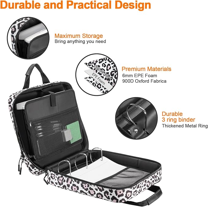 3 Ring Zipper Binder Inch D-Ring, with Strap 600 Sheet Capacity & Multi-Pockets School and Office Organizer, Compatible 13-Inch MacBook (Patent Design Leopard) 3Inch-D-ring
