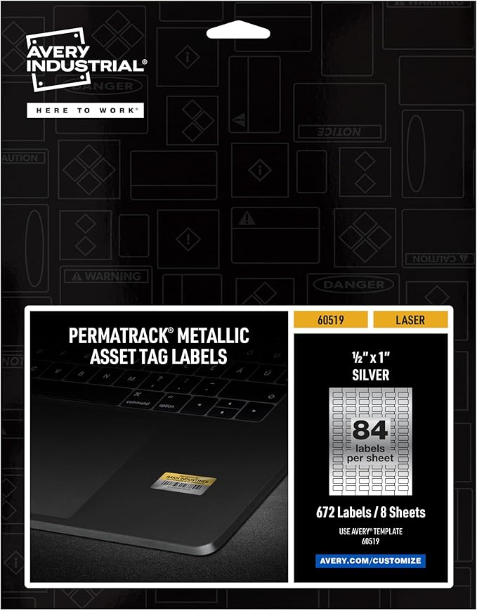 Avery Metallic Asset Tag Labels, 1/2" x 1", Laser Printable Tags, 672 Waterproof Labels (60519)