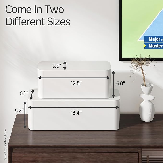 YECAYE 2 Pack Cable Management Box, Pet Friendly Cable Box Organizer for Home & Office, Child-Proof Floor Cord Cover, Cord Management and Cord Hider, White