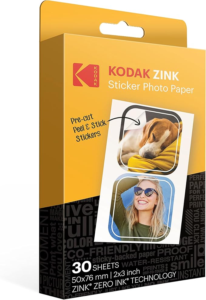 Zink KODAK 2”x3” Premium Pre-Cut Sticker Photo Paper (30 Sheets) Compatible with All KODAK 2x3” Instant Print Products – Except Printomatic
