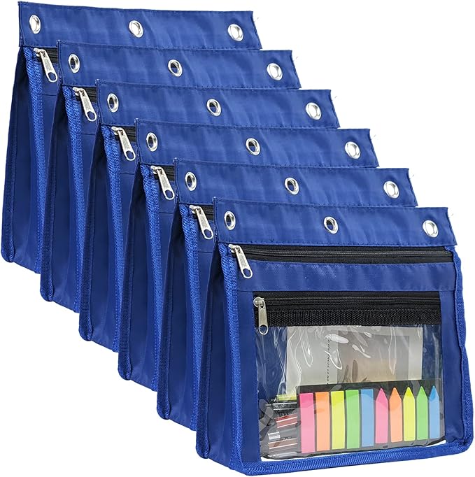YoeeJob 6 Pack 1 Inch Expandable Zipper Pencil Pouches with Clear Window for 3 Ring Binder, Suitable for School & Office (6, Blue)