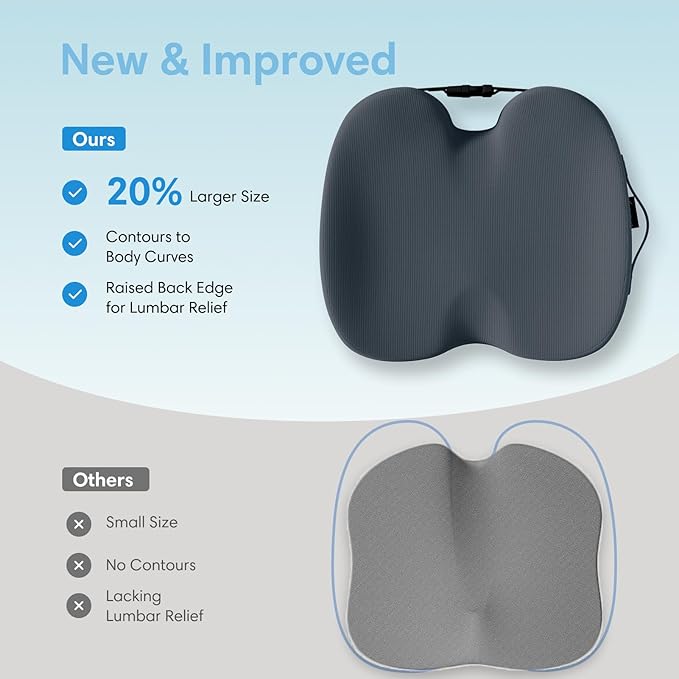 Large Memory Foam Seat Cushion for Office Chair, Car, Desk, Truck & Wheelchair - Tailbone, Coccyx & Sciatica Pain Relief Pillow - Ergonomic Back Support Portable Pad for Long Sitting & Driving