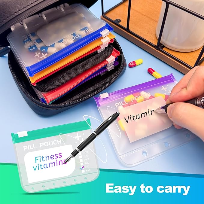 A8 Waterproof Pill Organizer Set, Twice-Daily Large Pill Organizer for Seven Days, BPA Free, Pill Storage with 14 Color-Coded Pouches, Reusable Travel Medicine Organizer