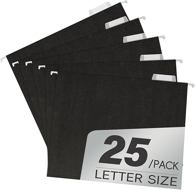 Hanging File Folders,25 Pack Letter Size Black Hanging File Folders with 1/5-Cut Tabs,11 Point Paper Stock,Bulk for Filing Cabinet