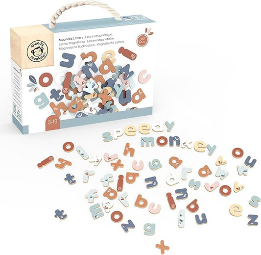 SPEEDY MONKEY Multicolor Magnetic Letters Set – 60 PCS FSC Wooden Lowercase Alphabet Magnets for Kids, Fun Educational Toy for Toddlers & Preschoolers, ABC Learning Tool Kit for Whiteboard & Classroom