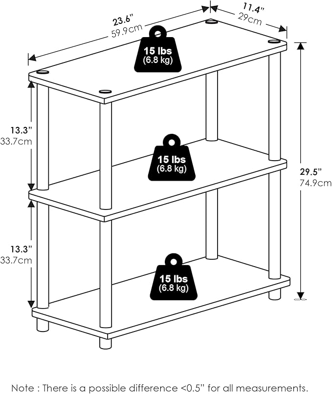 Furinno Turn-N-Tube Storage Shelves Set of 2, 3-Tier Book Shelf, Corner Shelf, Toolless Open Shelves, for Organization and Storage, Living Room, Garage, Home Office, White