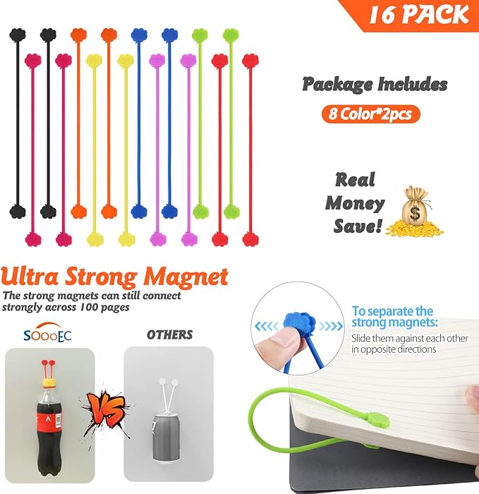 SOOOEC Magnetic Cord Ties, 16 Pack 7.2" Snap on Magnetic Cable Ties Cute Cloud Dialogue Design, Strong Magnetic Silicone Twist Ties for Bundling and Organizing, Assorted Colors.