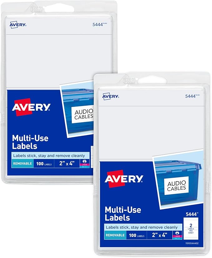 Avery Printable All-Purpose Removable Labels, 2" x 4", Customizable Blank White Labels, Write or Print, Great for Organization Projects, 2 Packs, 200 Total (7827)