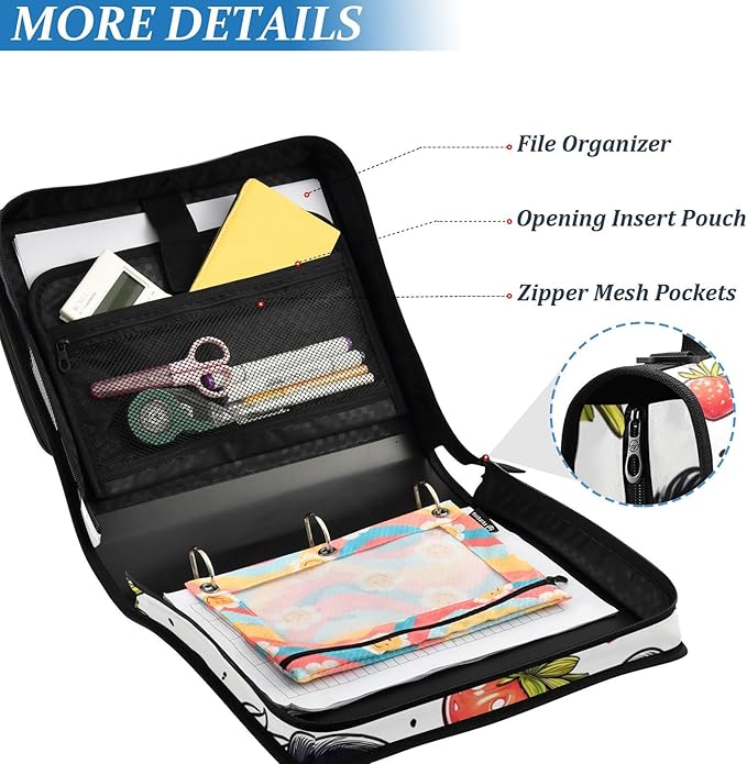3 Ring Zipper Binder with Shoulder Strap Panda Red Strawberry 1.5 inch Binders Keeper Large Capacity Multi Pockets for School Office Supplies