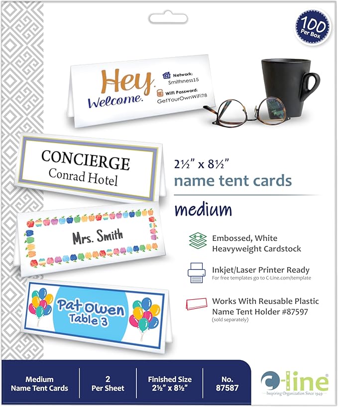 C-Line Medium Name Tent Cards, Inkjet/Laser Ready, Scored, Embossed White, 2.5 x 8.5 Inches Folded, 100-Count (87587)