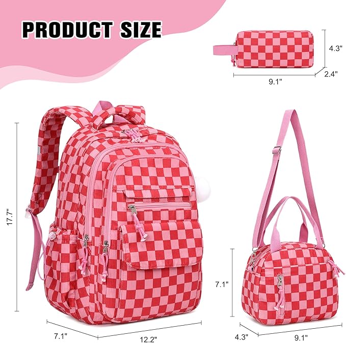 Bevalsa Backpack for Gilrs, 3PCS Corduroy Kids Backpack Set with Lunch Box & Pencil Pouch, Bookbag Daypack Laptop Bag for Women Teens Elementary Middle High School