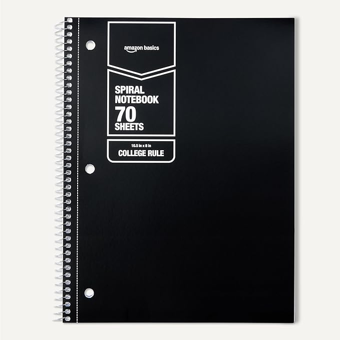 Amazon Basics College Ruled Spiral Notebook, For Work and School, 70 Sheets, 8" x 10.5", Black, 2 pack