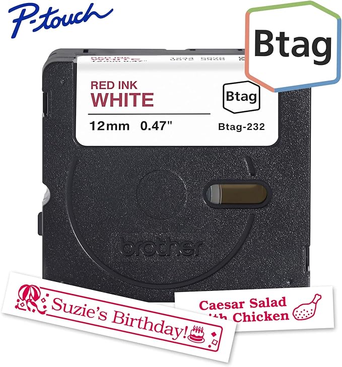 Brother Genuine P-Touch Btag BTAG232 Red on White Label Tape ~1/2in by 13.1ft (12mm x 4m). Use only with Btag PT-N10, PT-N20, PT-N25BT Label Makers