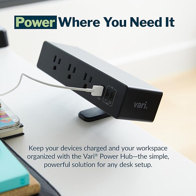 Vari Power Hub 4th Gen – Desk Mount Charging Station with 5 AC Outlets, 2 USB-C Ports, and 1 USB-A Port – Fast 45W Power Delivery, 12’ Cord, Clamp-On Design for Easy Install