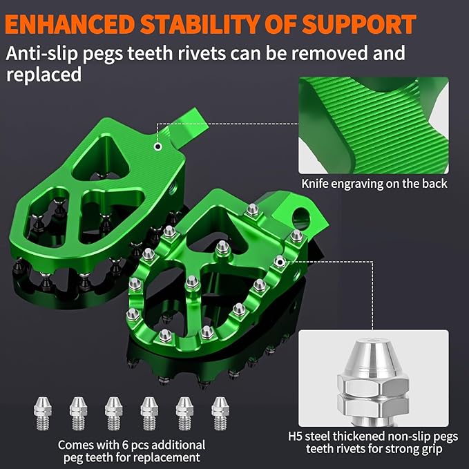 Nilight Motorcycle Foot Pegs Dirt Bike Footpegs Fit for Kawasaki KDX200 1995-2005 KDX200R 1997-2001 KDX220R 2002-2005 KDX250 1991-1994 KX125 KX250 KX500 Heavy Duty CNC Foot Rests Pegs Pedal, Green