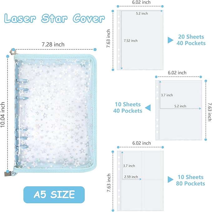 Sticker Storage Organizer Binder A5 Sticker Collecting Book Reusable Zipper Album with Clear Laser Star Cover and Pocket Pages (Blue)