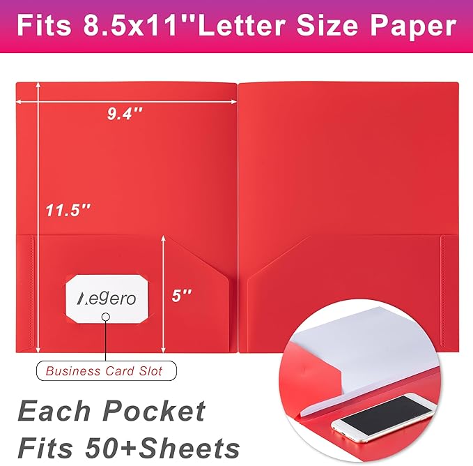 Plastic Folders with Pockets (7 Pack, Pink), Durable Heavy Duty File Folders with Business Card Slot, 2-Pocket Folder for Schoolwork & Office,Letter Size
