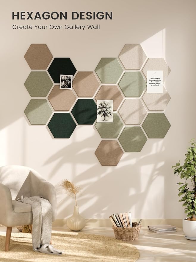 Fluxynara Hexagon Cork Board Alternative for Walls Decor-8-Pack Felt Bulletin Board Tiles,with 30 Pushpins,50 Adhesive Tabs for Office,Classrooms & Home Pin Board Felt Board-Nordic Moss