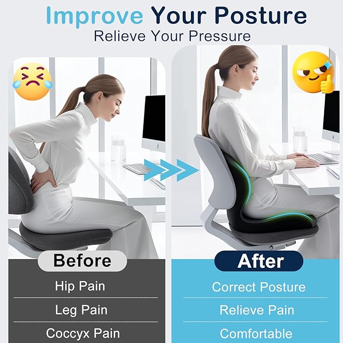 Seat Cushion, Office Chair Cushion, L-Shaped Ergonomic Car Seat Cushions, Memory Foam Chair Cushion, Lumbar Support Pillow for Wheelchair, Car, Home, Office, Desk, Gray