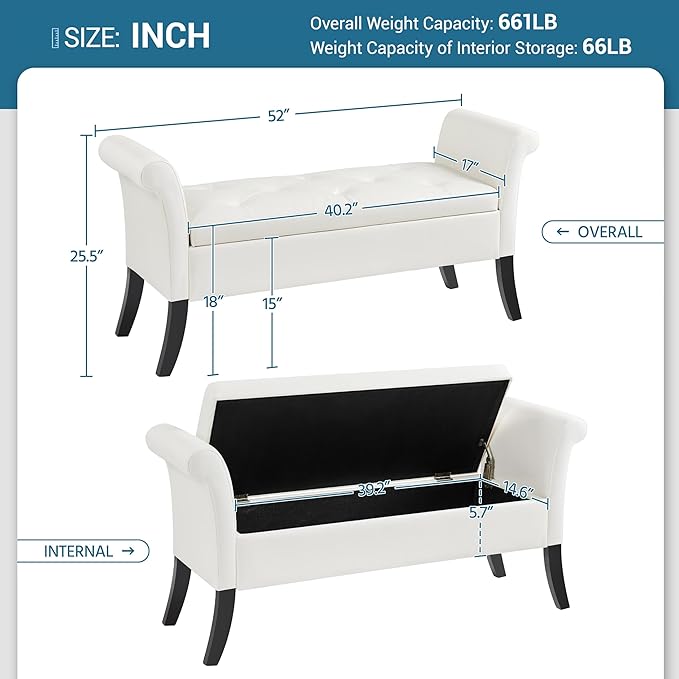 Yaheetech Ottoman with Storage, 52" Storage Ottoman Bench with Safety Hinge, Upholstered Bench with Seating for Bedroom, Living Room, Holds up to 661 lb, White