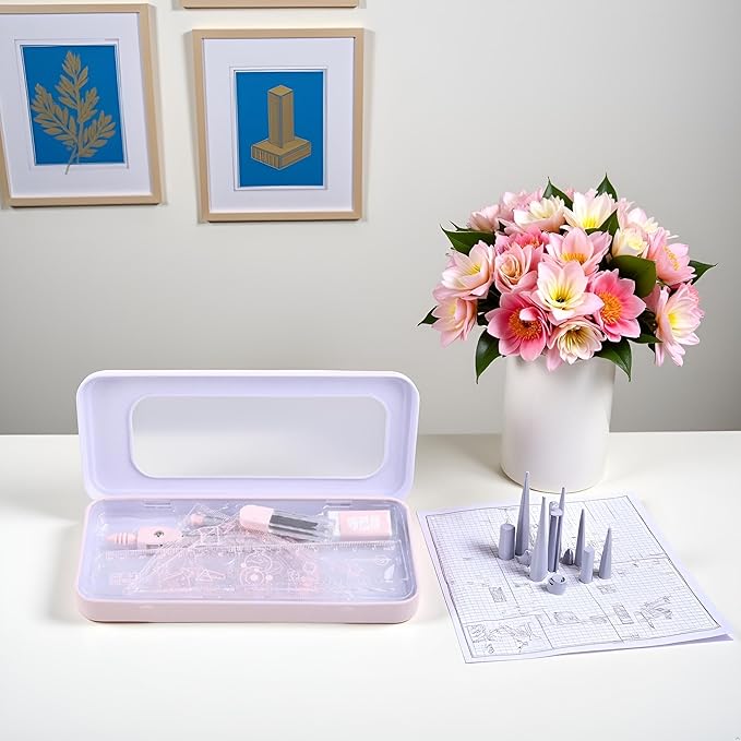 7Pcs Pink Compass Protractor Set with Portable Box Geometry Drafting Tools Set Multi-Purpose Math Drawing Rulers for Boy Girl Drafting Tools and Drafting Kits