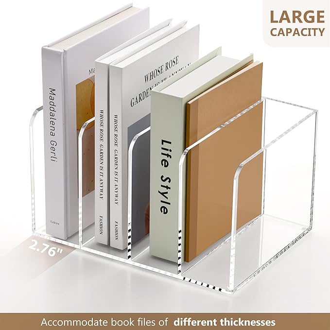 SANRUI Acrylic Magazine Holder Desk Organizer Workspace Sorters，Clear Bookend File Sorter Holder,Folder Rack, Office Accessories Organization Storage with 4 Vertical Compartments
