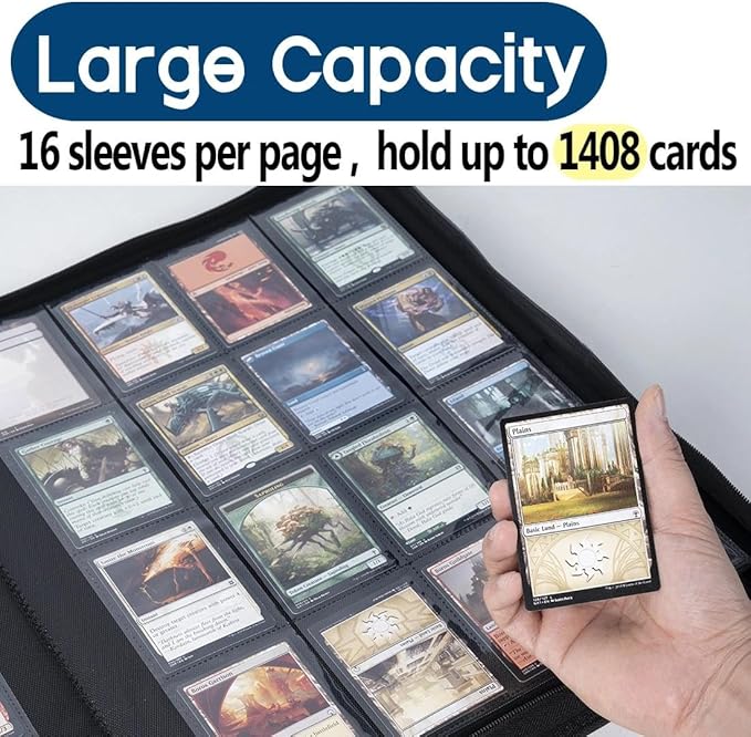 16 Pocket Trading Card Binder,Zipper Card Holder Album Holds up to 1408 Cards with 44 Sleeves, Label Design，Card Collection Binder for TCG Card/Game Cards/Sports Card -Black