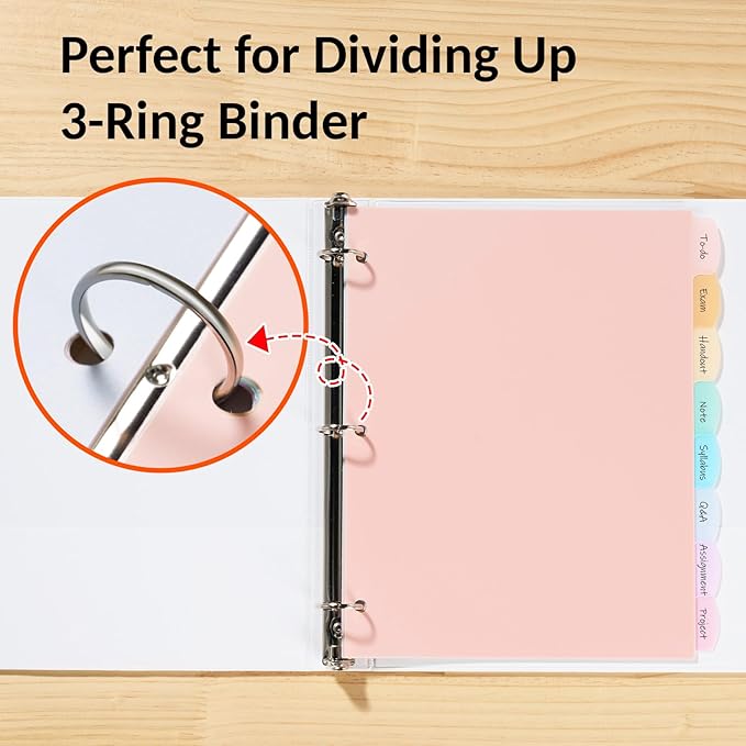 Sooez 8 Tabs Long-Lasting Plastic Write & Erase Large Tabs Dividers for 3 Ring Binder, Aesthetic Cute Pastels Binder Dividers for Student, Teacher, Office, Home Organizers, 1 Set, Muted
