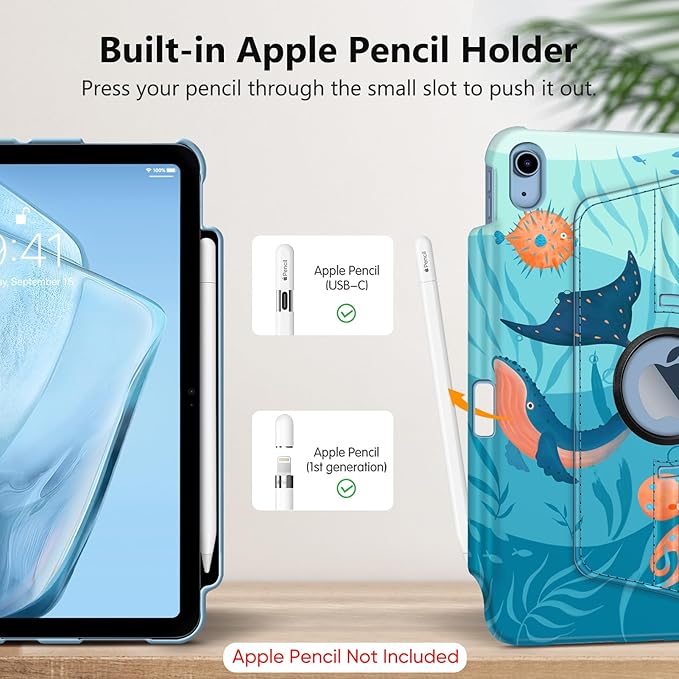 Fintie Rotating Case for iPad (A16) 11th Generation 11 Inch (2025), iPad 10th Generation 10.9 Inch (2022) - [Built-in Pencil Holder] 360 Degree Rotating Protective Stand Cover, Blue Ocean
