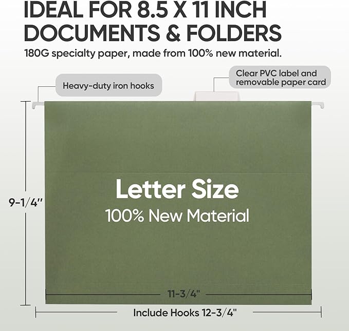 BALEINE 32PK Hanging File Folders, Letter Size Hanging Folders with 1/5-Cut Tabs for Filing Cabinets, File Boxes (32PK, Letter Size)