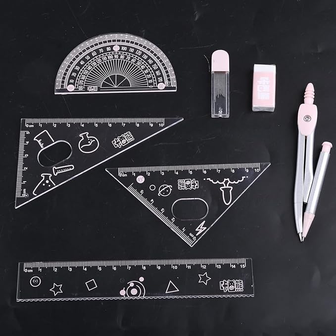 7Pcs Pink Compass Protractor Set with Portable Box Geometry Drafting Tools Set Multi-Purpose Math Drawing Rulers for Boy Girl Drafting Tools and Drafting Kits