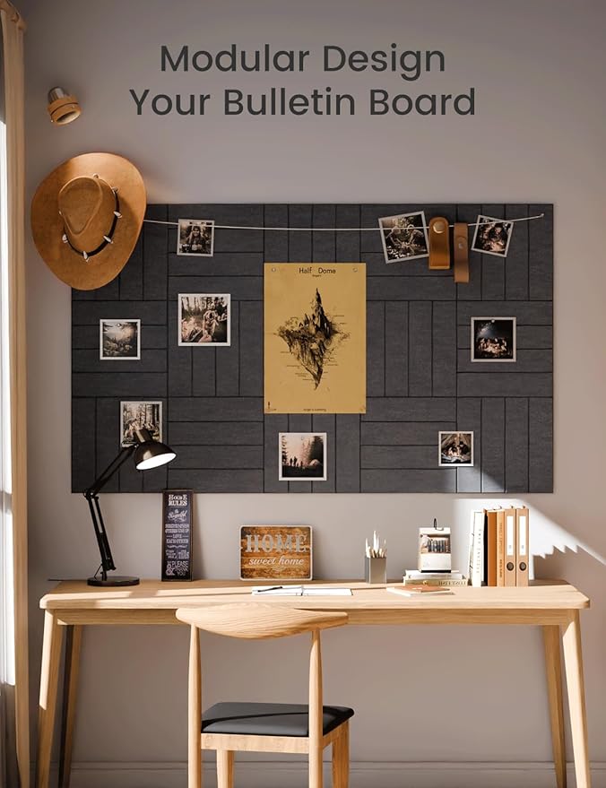 Fluxynara Felt Bulletin Board Tiles Large 48" x 36" Cork Board Alternative-12 Pack with 70 Adhesive Tabs, Thick Slat Wall Panels for Office Decor, Push Pin Board Wall Organizer -Deep Charcoal Blue