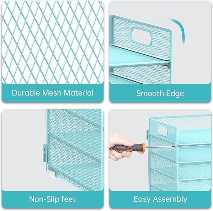 7 Tier Paper Organizer - Mesh Desktop File Holder with Handles for Office School Desk, Black (Blue)