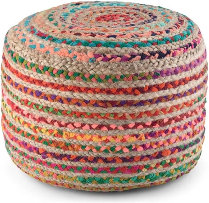 SIMPLIHOME Margo Round Pouf - 20 inch Wide Handwoven Jute and Cotton Braided Ottoman in Multi-Color, Boho-Style Footstool or Extra Seating for Living Room with Polystyrene Bead Filling, Assembled