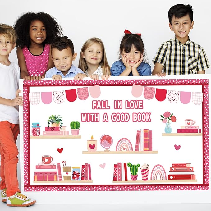Valentine's Day Reading Bulletin Board Decorations Set, Bookshelf Cutouts with Heart Bulletin Board Borders Valentines Library Classroom Decorations Chalkboard Wall Door Decor for Home Office 70Pcs