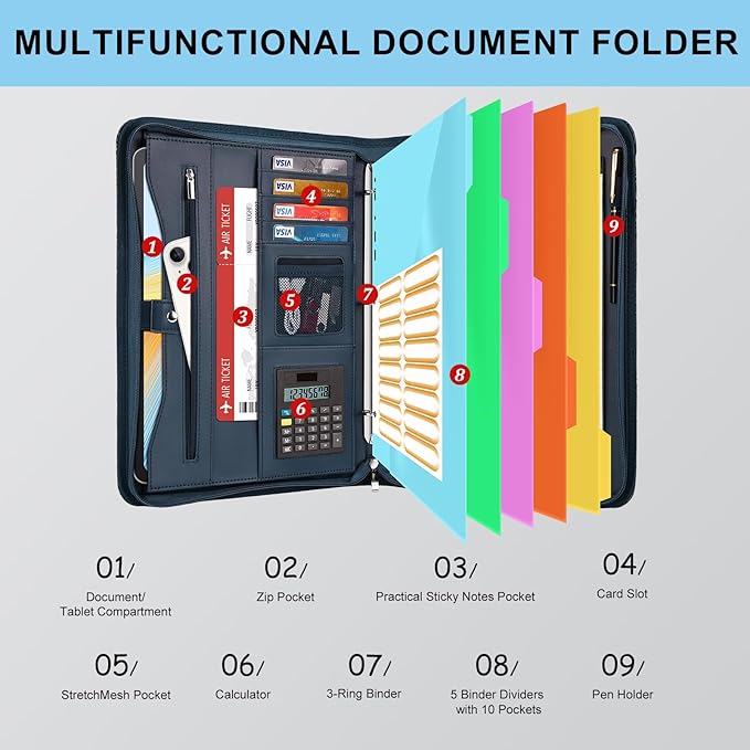 Eshow Portfolio Organizer - 3 Ring Binder with Zipper, Vegan Leather Business Padfolio Folder with Notepad Includes 5 Color Sheet Protectors for Documents Files for Men Women