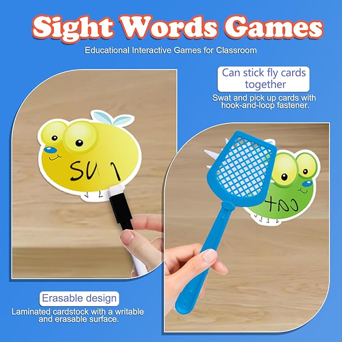 Sight Word Swat 56 Pcs Fly Dry Erase Cards 4 Fly Swatters Kids Educational Toys Sight Word Games Board Games Interactive Toys for Toddler