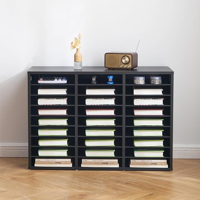 VEVOR Literature Organizer, 27 Compartments Office Mailbox with Removable Shelves, Wooden Mailbox Sorter Particle Board Office Home Classroom Storage, File Sorter for Files, Documents, Papers, Black